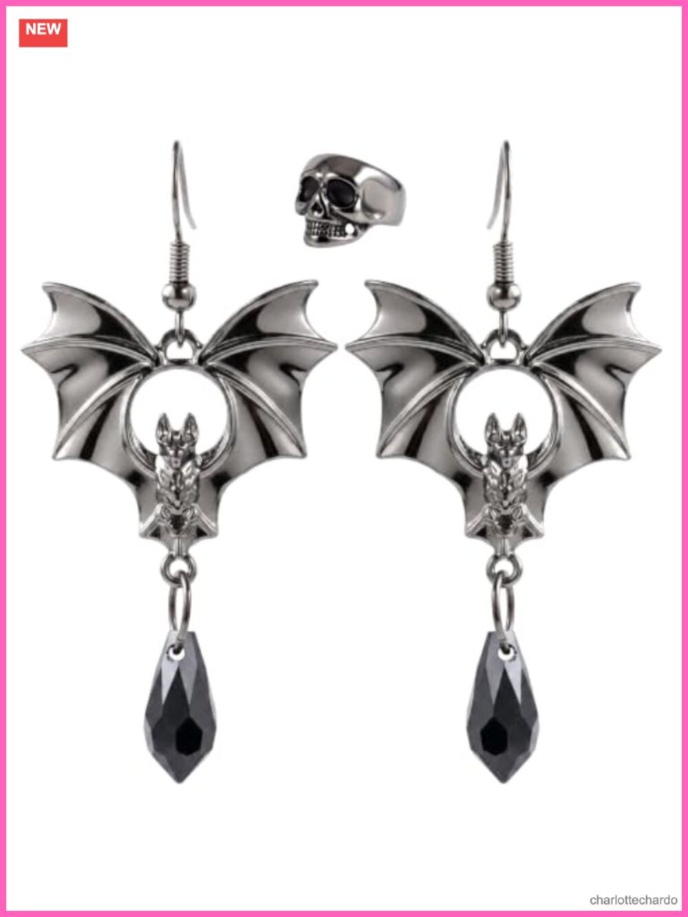 3-Piece Bat Earrings & Skull Ear Cuff Halloween Gothic Jewelry Set